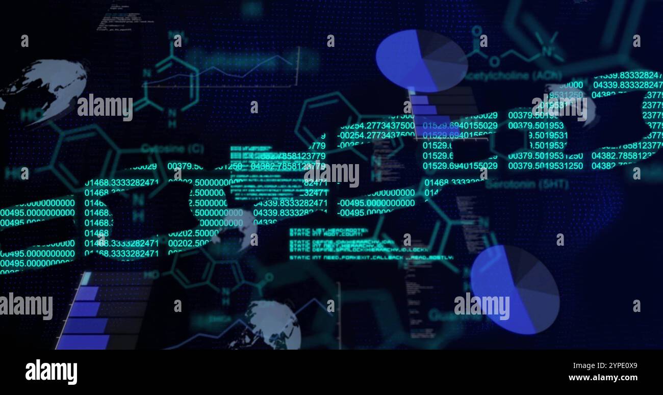 Bild der Kette und chemischen Formel über Datenverarbeitung und Binärcodierung auf schwarzem Hintergrund Stockfoto