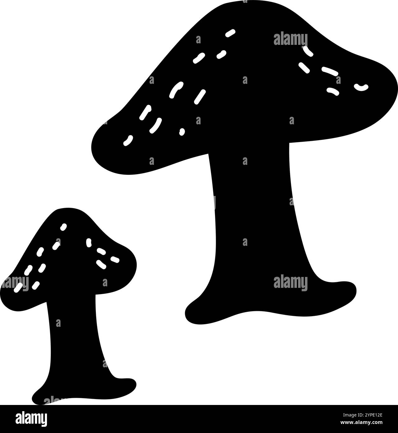 Stilvolle schwarze Pilze mit weißen Streifen, die nebeneinander wachsen, schaffen ein bezauberndes Design auf einem schlichten weißen Hintergrund. Perfekt für einen minimalistischen Touch Stock Vektor