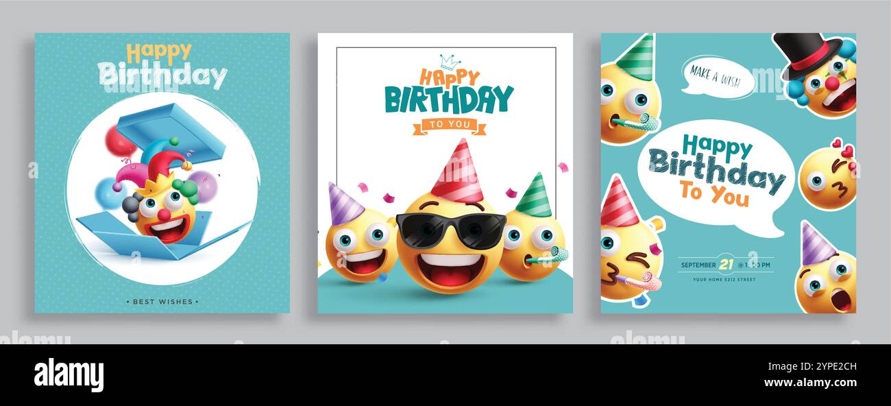 Emojis Geburtstagsgruß Clipart-Poster-Set. Happy Birthday Emoji Charaktere für Gruß, Wünsche und Einladungskarten Sammlung Hintergrund. Vektor Stock Vektor