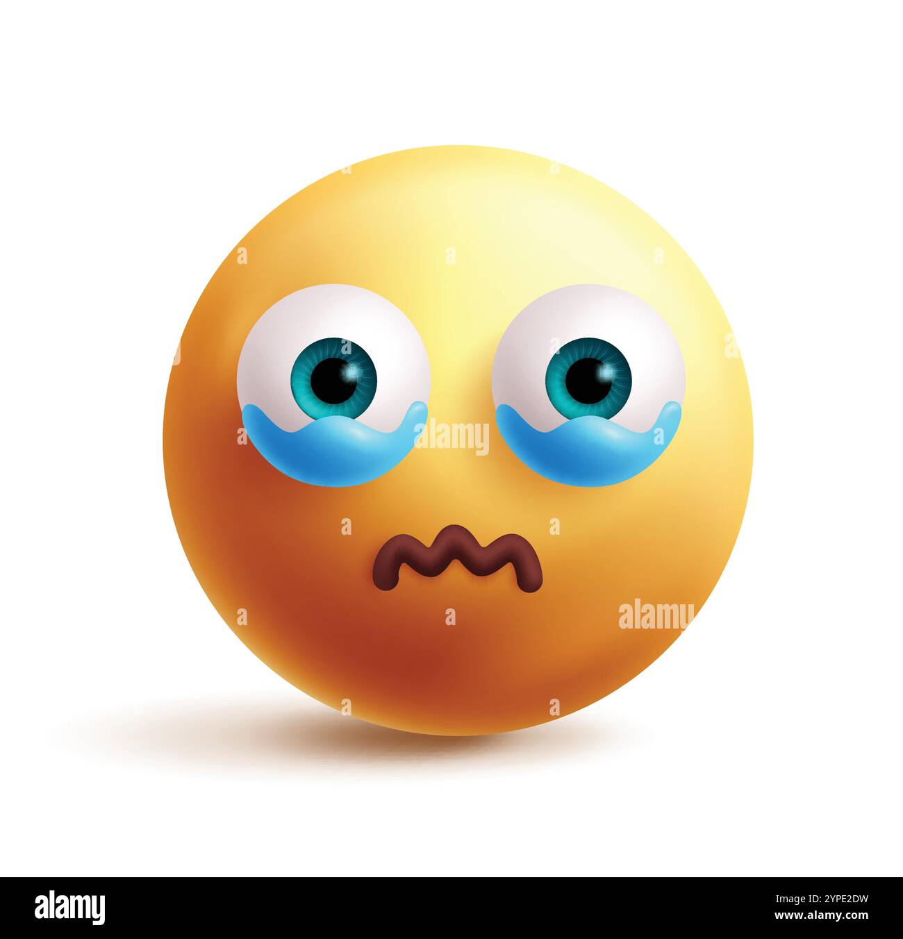 Cry Emoji Clipart 3D Charakter. Weinendes Emoji-Gesicht, unglücklich, traurig, ruhig, deprimiert, Trauer und Tränen Tropfen Gesichtsausdruck gelbes rundes grafisches Element Stock Vektor