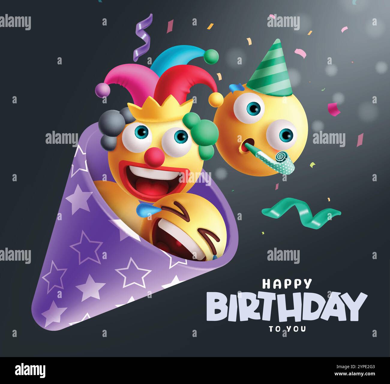 Emojis Geburtstagsklipart-Design. Happy Birthday Emoji Clown Charaktere in violetter Kegelform Party Hut Deko Element. Emoticons für Vektorillustrationen Stock Vektor