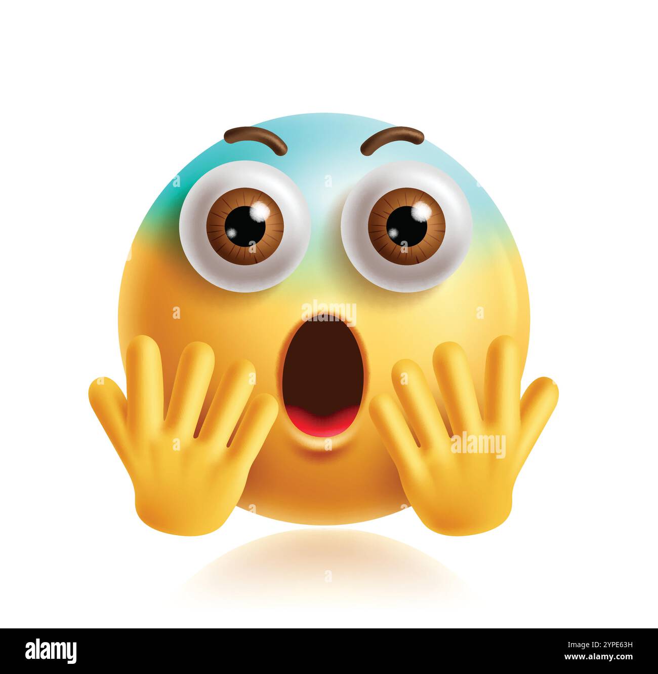 Schreiender Emoji Clipart 3D Charakter. Emoji-Gesicht in Angst, Panik, schockierend, wow, Staunen, verblüffter und aufgeregter Gesichtsausdruck mit großen Augen Stock Vektor