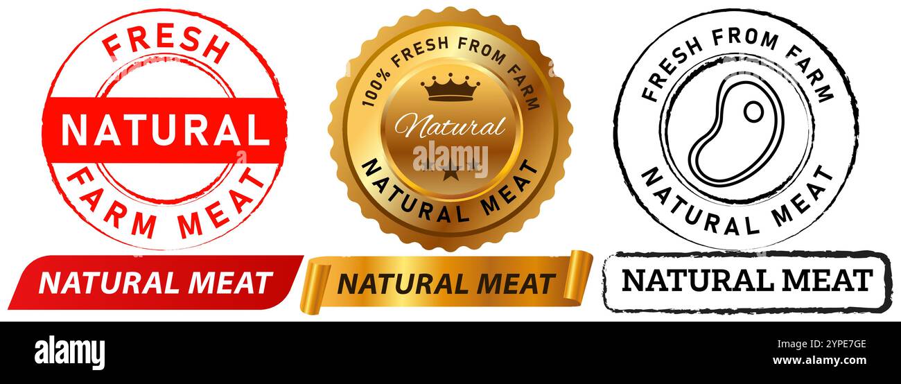 Natürliches Fleisch Landwirt Metzger Bauernhof Metzgerei frische Kuh Schafe Huhn gesund Bio Natur Stempel Bunte Abzeichen Emblem Aufkleber Banner Etikett Band Stock Vektor