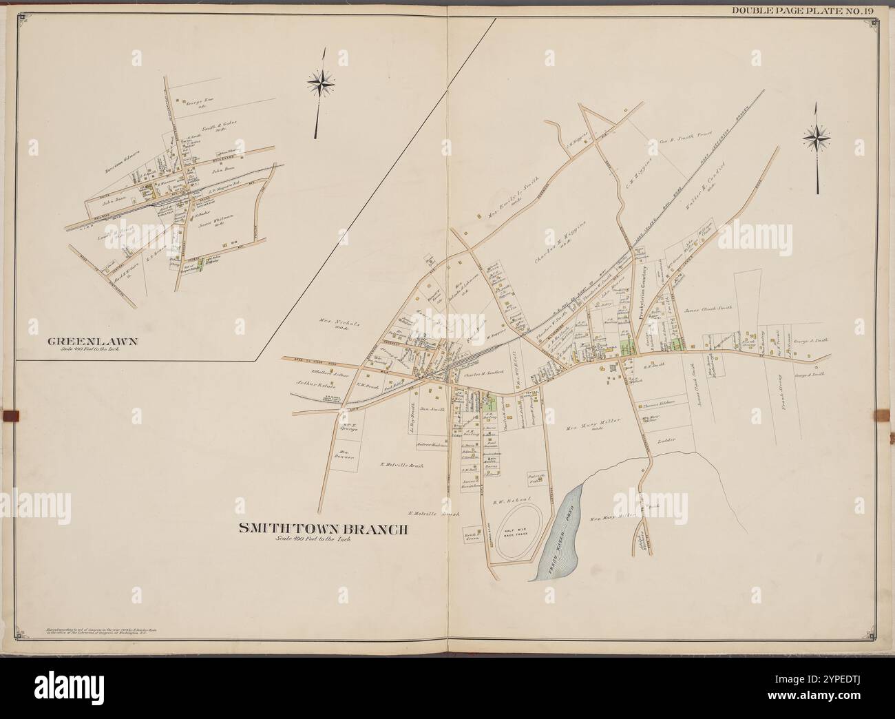 Suffolk County, V. 2, Double Page Plate No. 19 [Karte begrenzt durch Greenlawn, Smith Town Branch] 1902 - 1909 Stockfoto