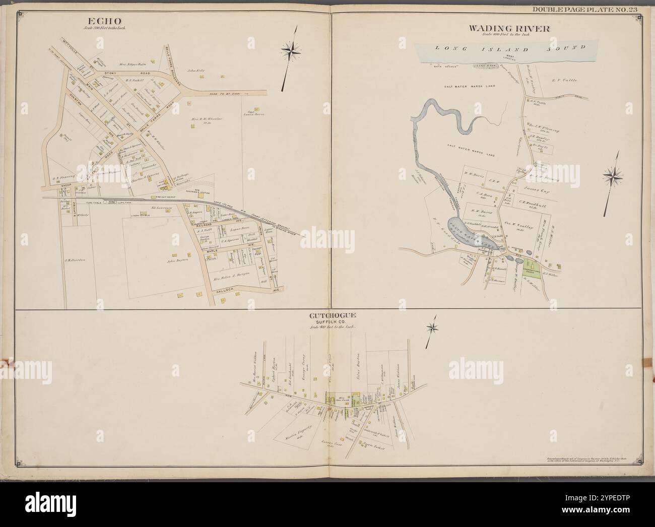 Suffolk County, V. 2, Double Page Plate No. 23 [Karte begrenzt durch Egho, Wading River, Cutgiogue] 1902 - 1909 Stockfoto