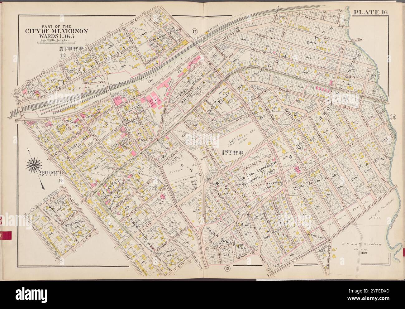 Westchester, V. 1, Double Page Plate No. 16 [Karte begrenzt durch Hutchinson River, E. 6th St., Warren Ave., E. 5th St., S. 1st Ave., Park Ave., Prospect Ave.] 1910 - 1911 Stockfoto