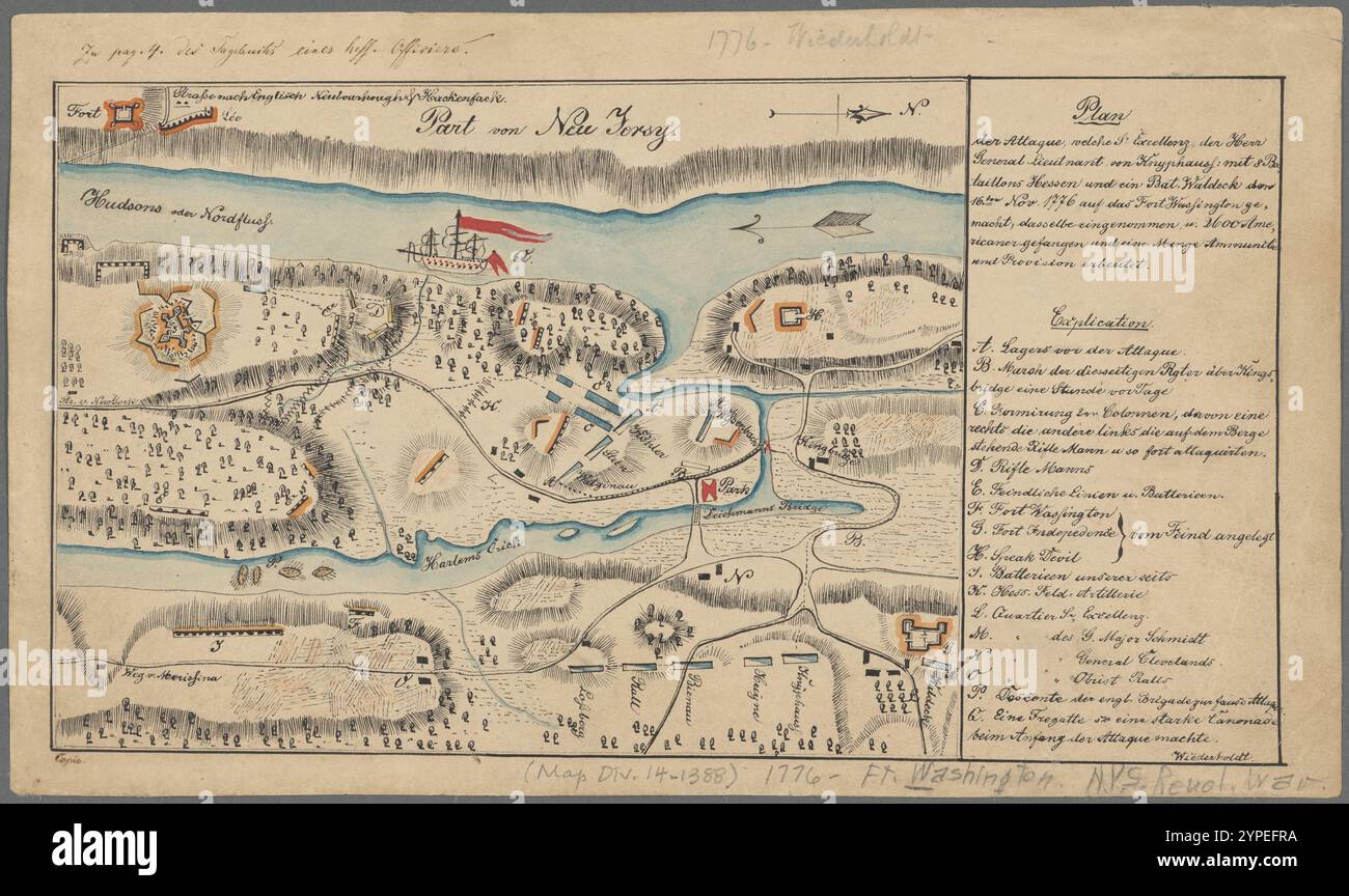 Plan der Attaque, welche Sr. Excellenz der Herr generalleutnant von Knyphauss. : Mit 8 Bataillons Hessen und ein bat. Waldeck dem 16ten Nov. 1776 auf das Fort Washington gemacht, dasselbe eingenommen, M. 2600 Americaner gefangen und eine Menge Munition und Provision erbeutet 1776 von Wiederholdt, Andreas, 1752?- Stockfoto