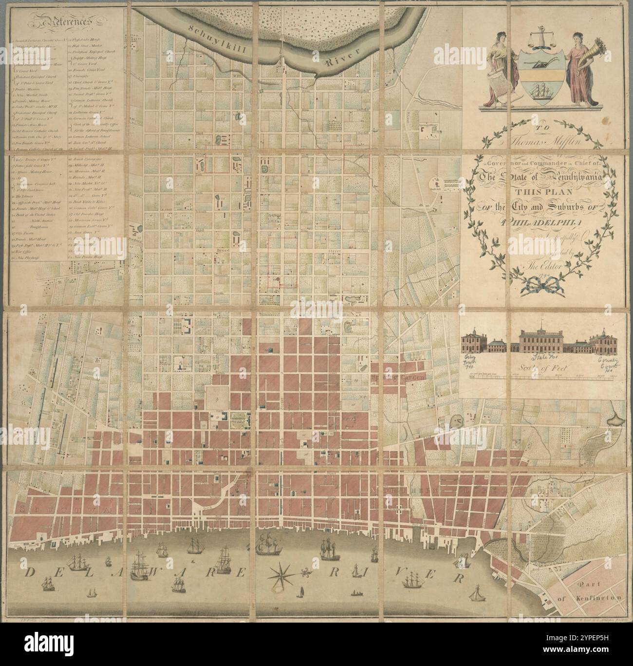 Für Thomas Mifflin, Gouverneur und Oberbefehlshaber des Staates Pennsylvania, ist dieser Plan der Stadt und der Vororte Philadelphias respektvoll vom Herausgeber eingeschrieben, 1794 1794 von Allardice, S. (Samuel) Stockfoto