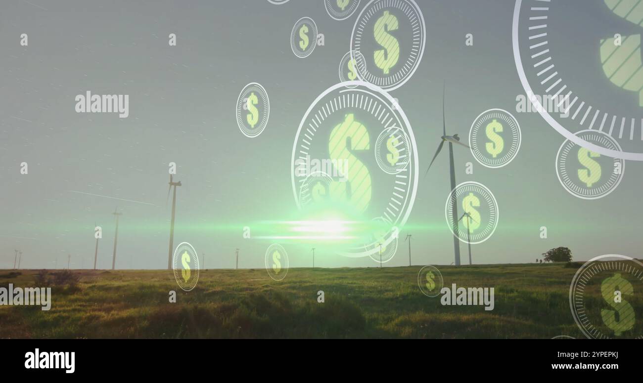 Dollarzeichen und Finanzwachstumsbild über Windturbinen auf grünem Feld Stockfoto