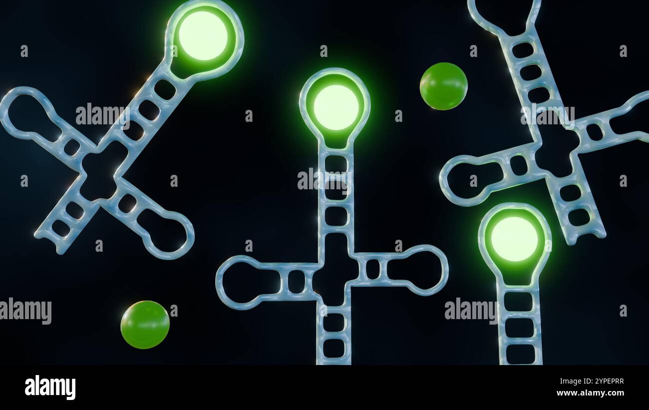 Aptamere sind so konzipiert, dass sie an den Zielanalyten binden. Ein Fluorophor, ein Molekül, das bei Anregung Licht abgibt, ist am Aptamer befestigt; 3D-Rendering Stockfoto