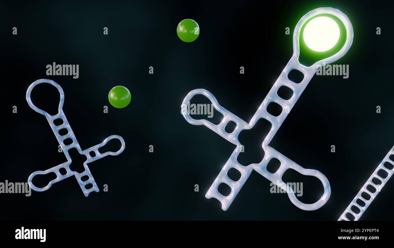Aptamere sind so konzipiert, dass sie an den Zielanalyten binden. Ein Fluorophor, ein Molekül, das bei Anregung Licht abgibt, ist am Aptamer befestigt; 3D-Rendering Stockfoto