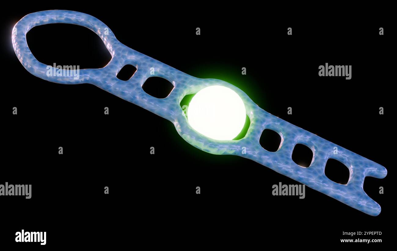 Aptamere sind so konzipiert, dass sie an den Zielanalyten binden. Ein Fluorophor, ein Molekül, das bei Anregung Licht abgibt, ist am Aptamer befestigt; 3D-Rendering Stockfoto
