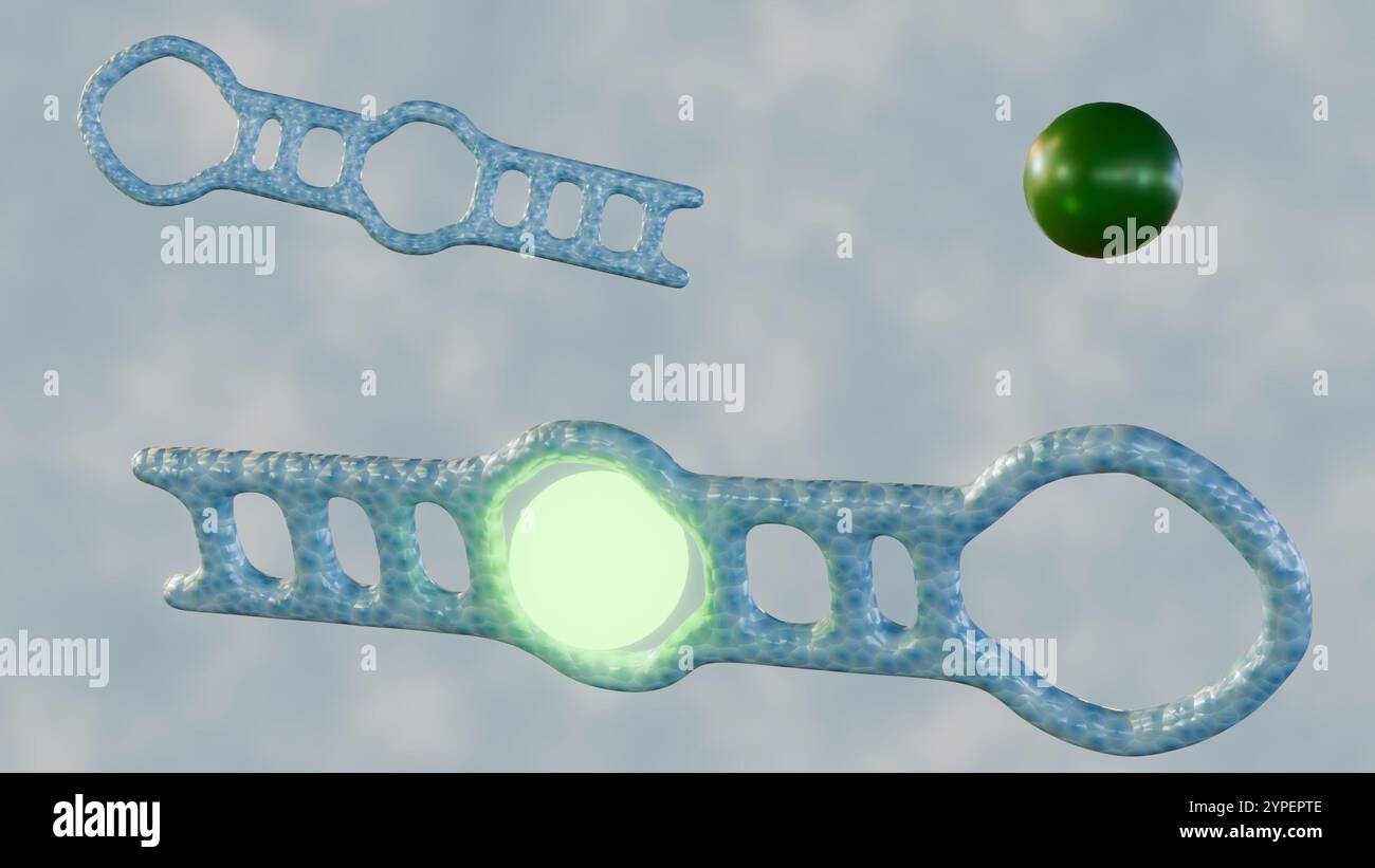 Aptamere sind so konzipiert, dass sie an den Zielanalyten binden. Ein Fluorophor, ein Molekül, das bei Anregung Licht abgibt, ist am Aptamer befestigt; 3D-Rendering Stockfoto