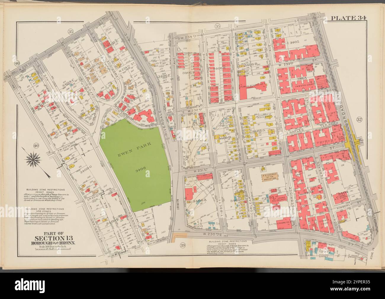 Double Page Plate No. 34, Teil von Section 13, Borough of the Bronx: [Begrenzt durch W. 235th Street, Riverdale Avenue, Irwin Avenue, W. 234th Street, Broadway, W. 230th Street und Netherland Avenue] 1938 Stockfoto