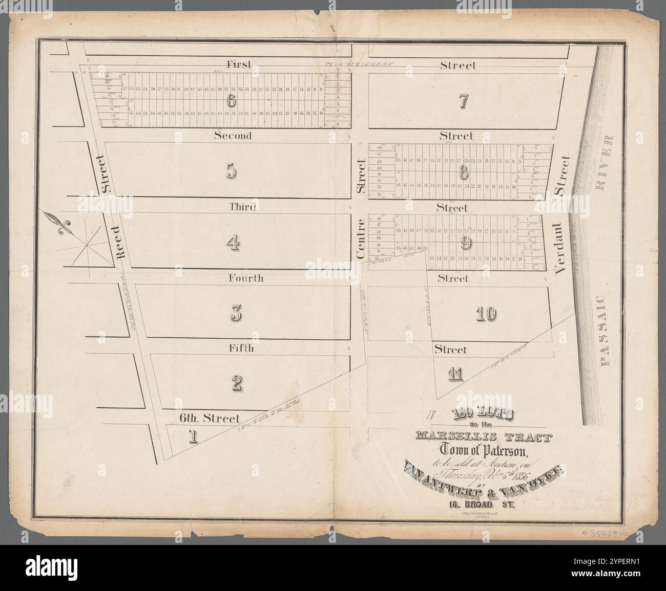 180 Lose auf dem Marsellis-Trakt, Stadt Paterson: Am Donnerstag, Oktober, zur Auktion verkauft. 6., 1836, von Van Antwerp & Van Dyke, 18 Broad St. 1836 von Freund Norman M., ca. 1815... Stockfoto