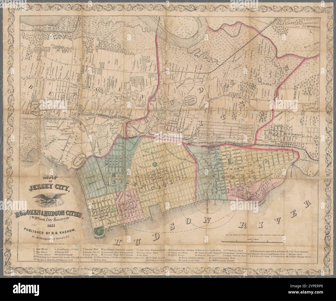 Karte von Jersey City, Hoboken & Hudson Cities 1855 Stockfoto