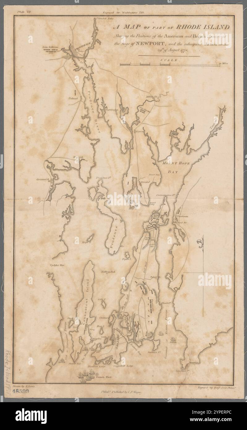 Eine Karte von Rhode Island, die die Positionen der amerikanischen und britischen Armeen bei der Belagerung von Newport zeigte, und die anschließende Aktion am 29. August 1778 1807 durch Jones, Benjamin, aktiv 1798-1815 Stockfoto