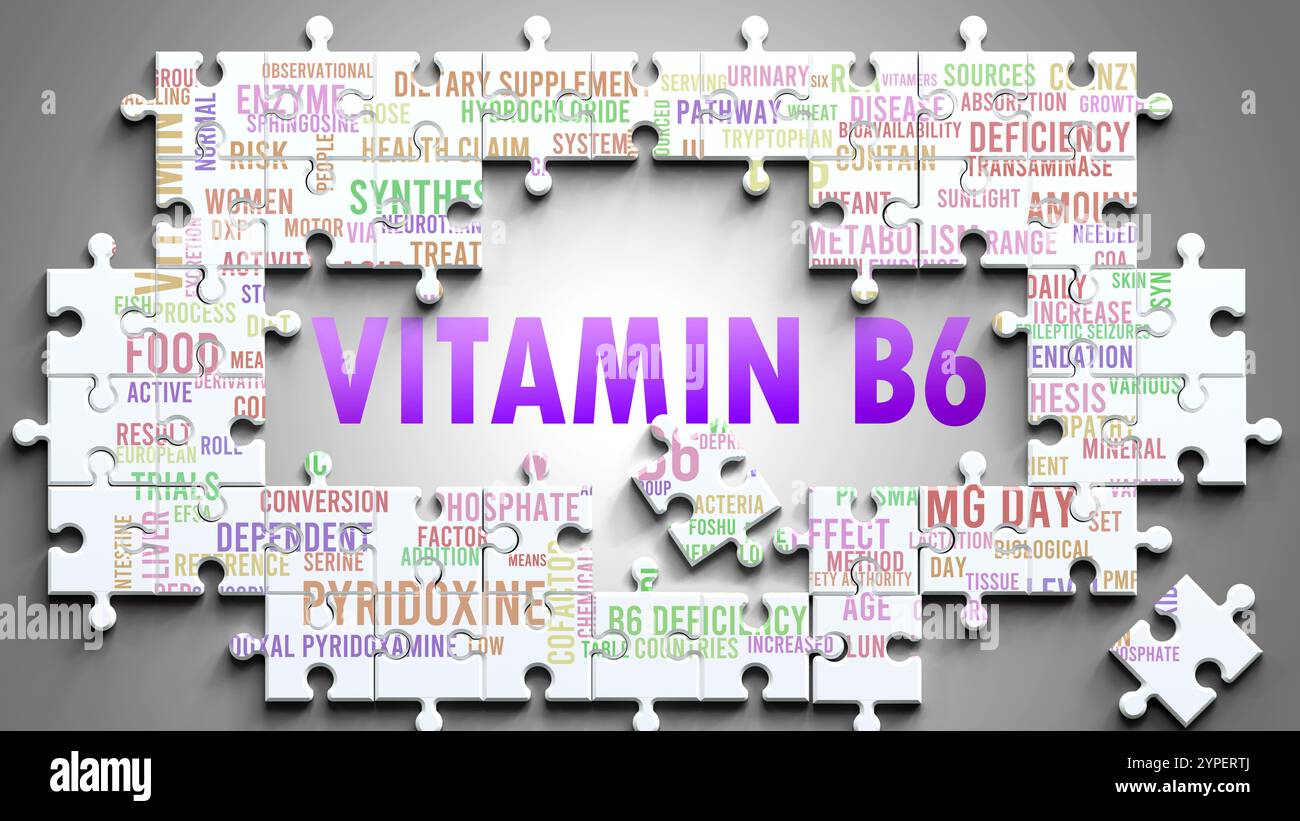 Vitamin B6 ist ein komplexes Thema, das mit anderen wichtigen Themen zusammenhängt. Stockfoto