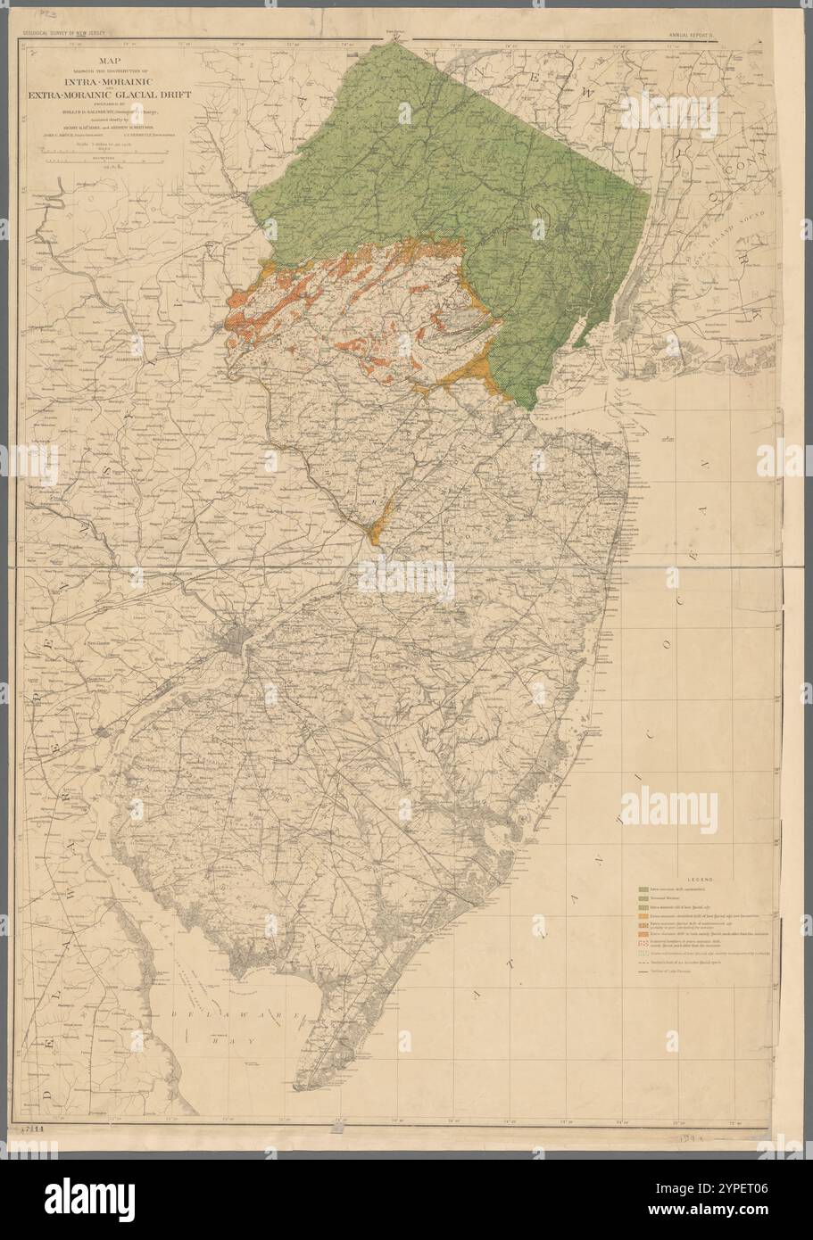 Karte mit der Verteilung der intra- und extramoränischen Gletscherdrift: [New Jersey] 1893 von Salisbury, Rollin D., 1858-1922 Stockfoto