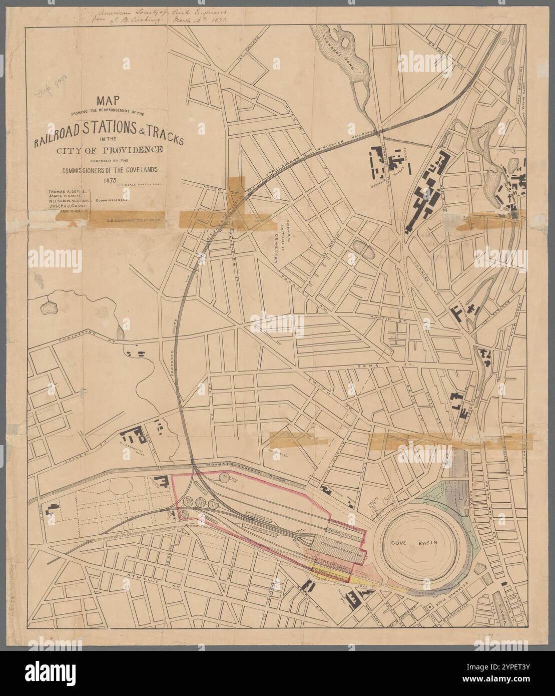 Karte mit der Neuordnung der Bahnhöfe und Gleise in Providence 1873 durch Doyle, Thomas Arthur, 1827-1886 Stockfoto