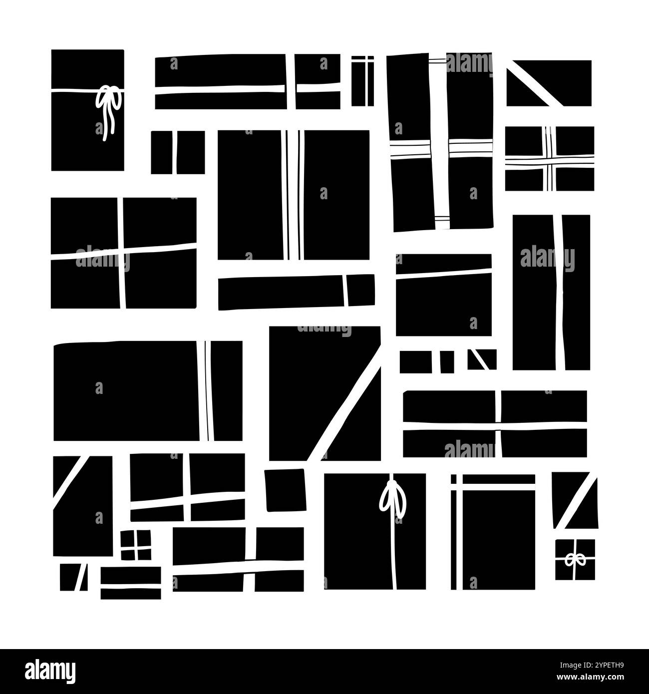 Vektorsatz mit Geschenkboxen. Weihnachtskollektion mit schwarzen Silhouetten von Geschenken. Pakete mit Bändern im Doodle-Stil für Symbole und Infografiken Stock Vektor