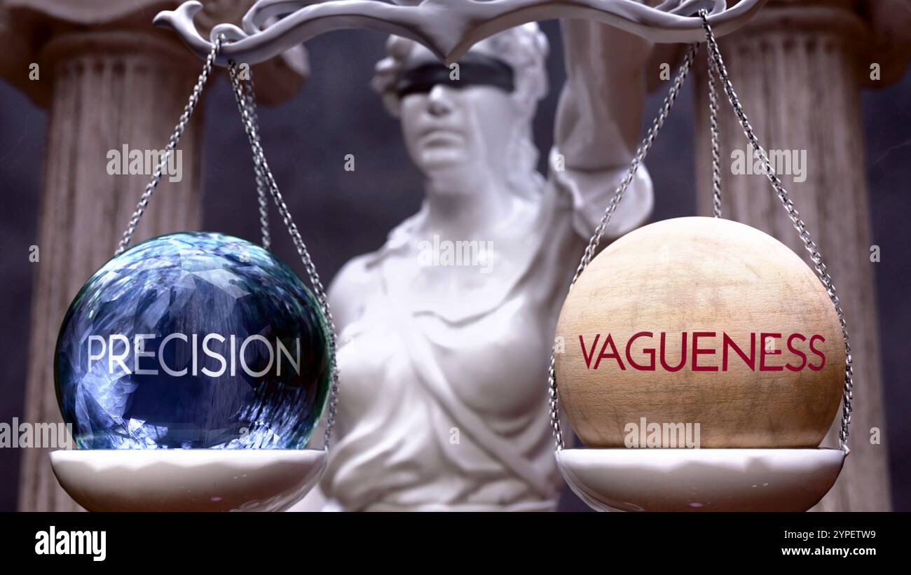 Präzision oder Ungenauigkeit als Wahl, zwei Optionen zur Auswahl. Griechische Statue, die zwei Alternativen vorstellt: Präzision oder Ungenauigkeit, wobei ihr Wert abgewogen wird Stockfoto