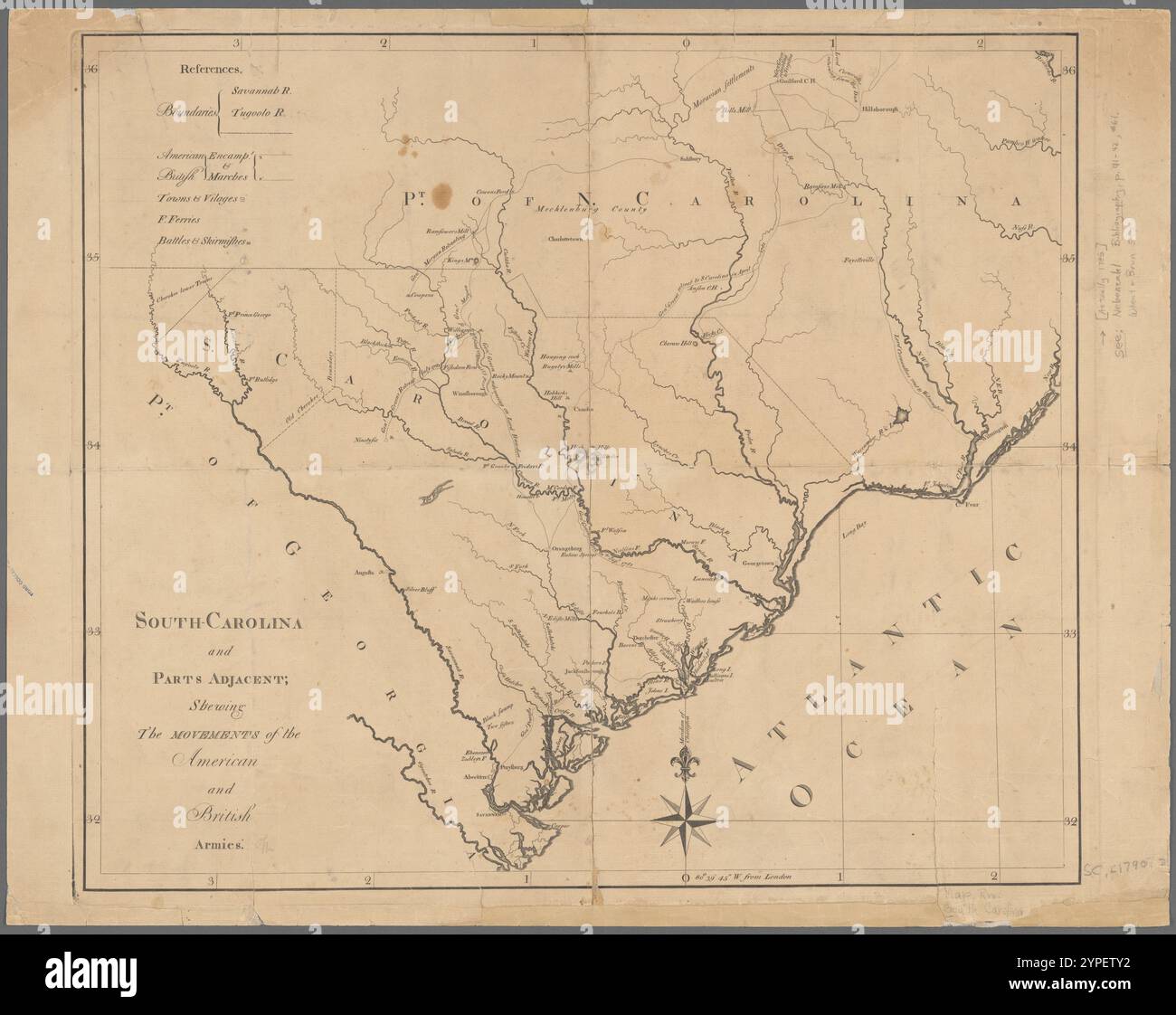 South-Carolina und angrenzende Teile : die Bewegungen der amerikanischen und britischen Armeen 1785 Stockfoto