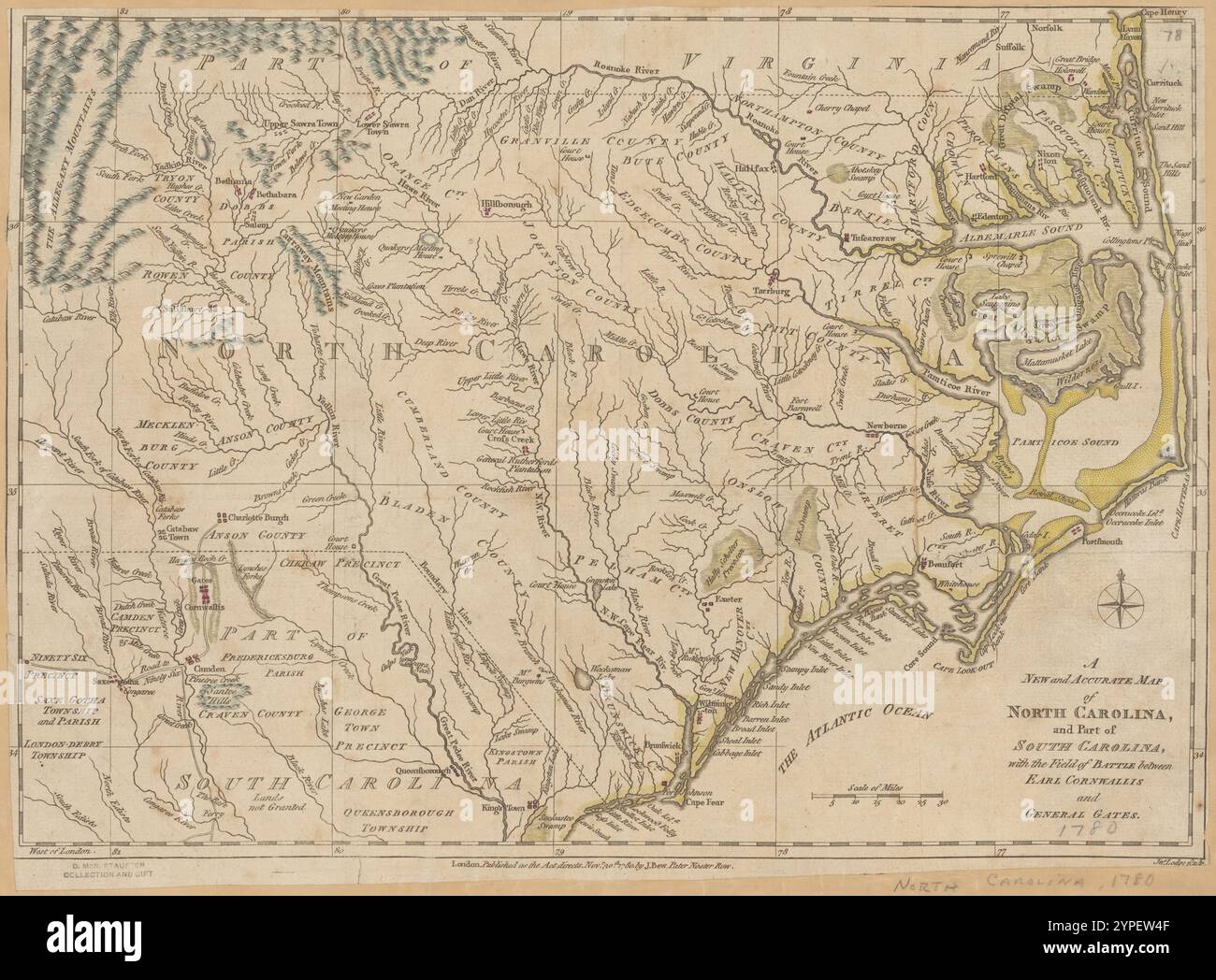 Eine neue und genaue Karte von North Carolina und Teil von South Carolina : mit dem Schlachtfeld zwischen Earl Cornwallis und General Gates 1780 von Lodge, John, -1796 Stockfoto