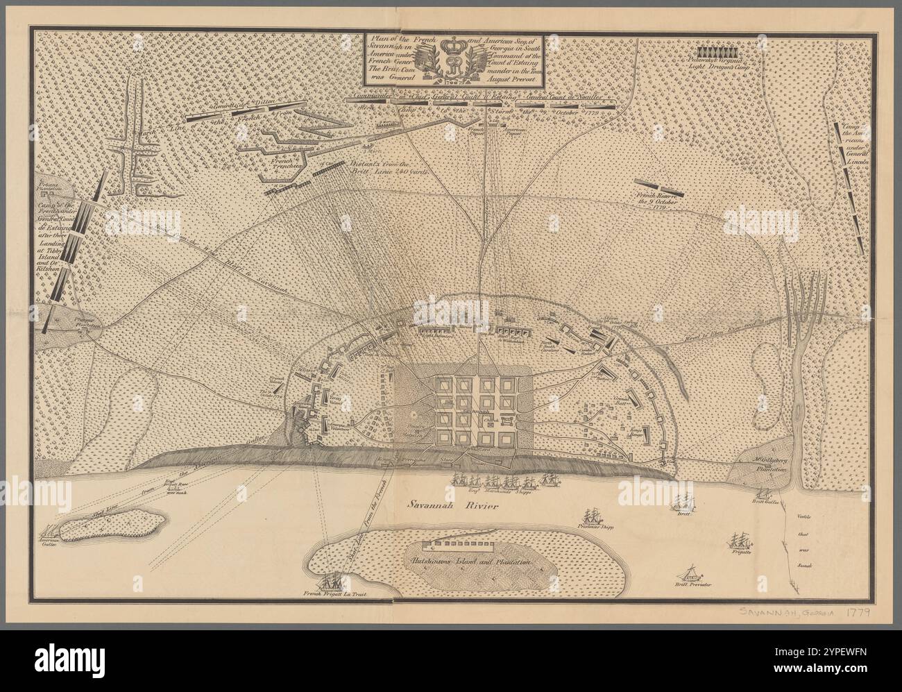 Plan des französischen und amerikanischen sieges von Savannah in Georgia südlich in Amerika unter dem Kommando des französischen Generators. Graf d'Estaing : der Britt. kommandant der Stadt war General August Prevost, 1779 1874 Stockfoto
