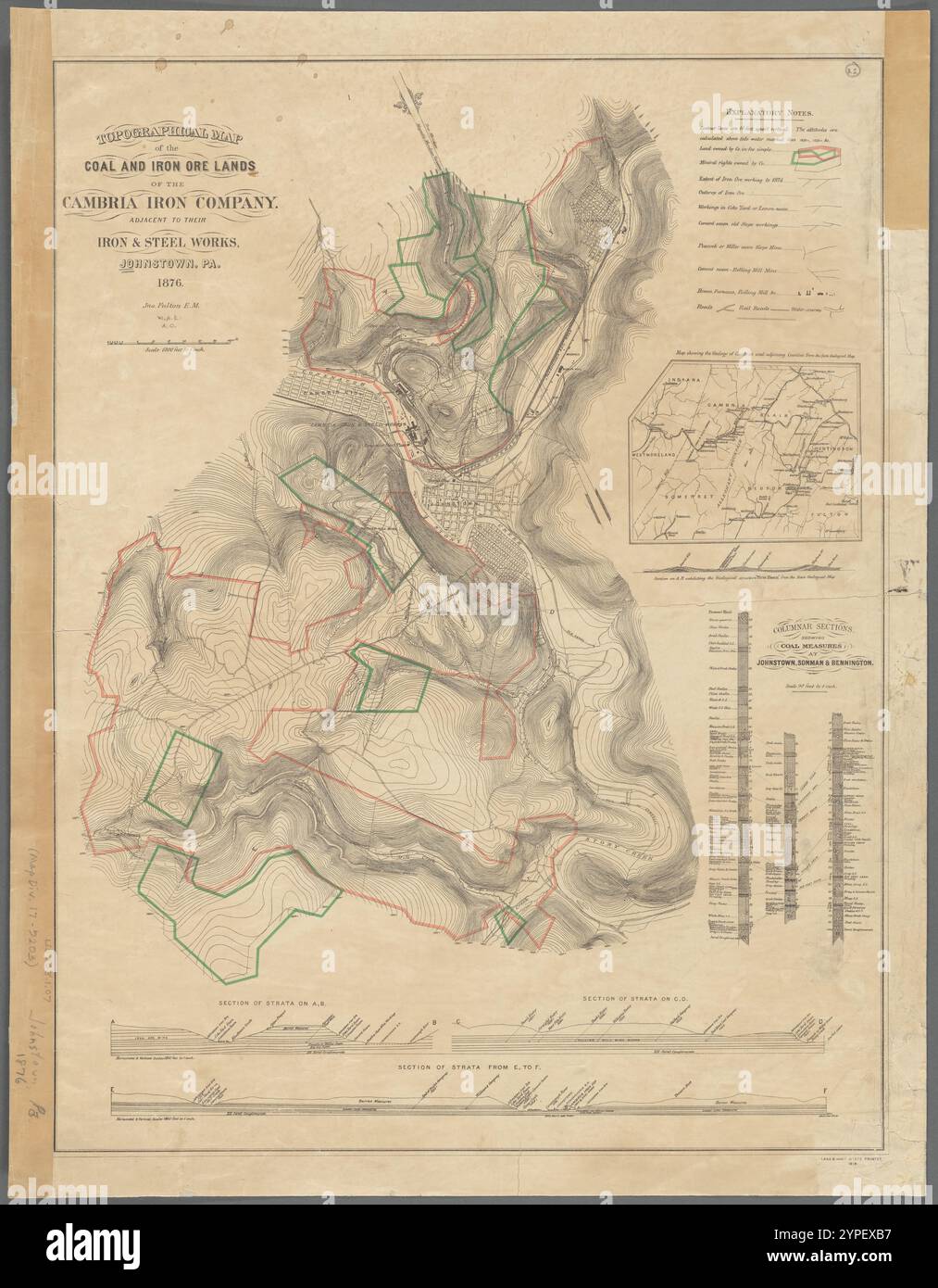 Topographische Karte der Kohle- und Eisenerzgebiete der Cambria Iron Company : neben ihren Eisen- und Stahlwerken, Johnstown, Pa. 1876 von Fulton, John, 1826-1916 Stockfoto