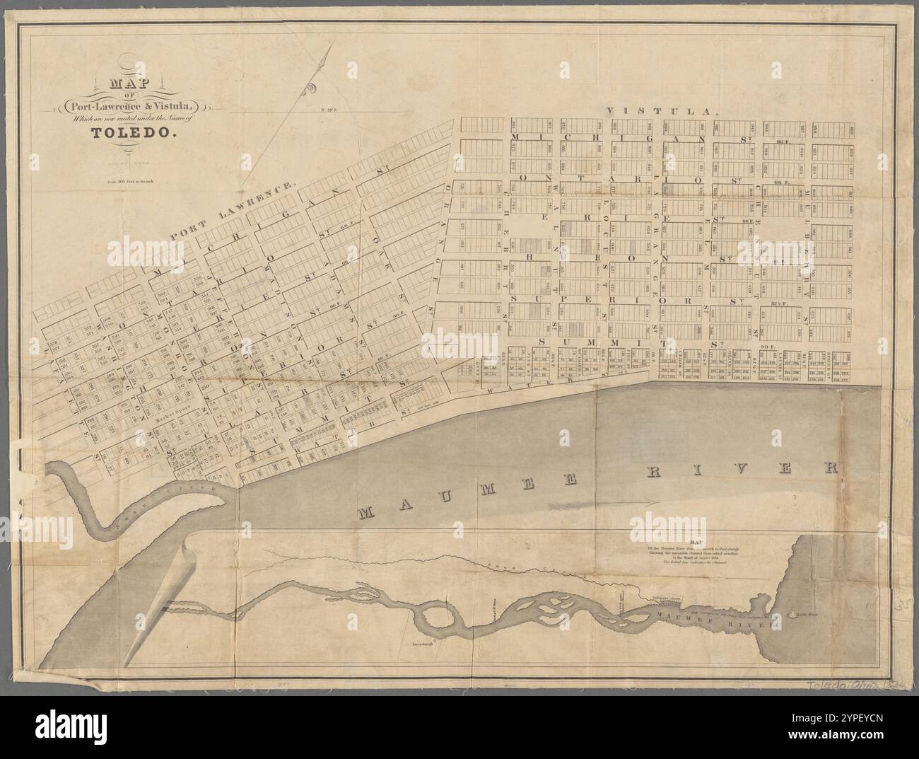 Karte von Port-Lawrence & Weichsel, die heute unter dem Namen Toledo 1834 von S. Stiles & Co. vereint werden. Stockfoto