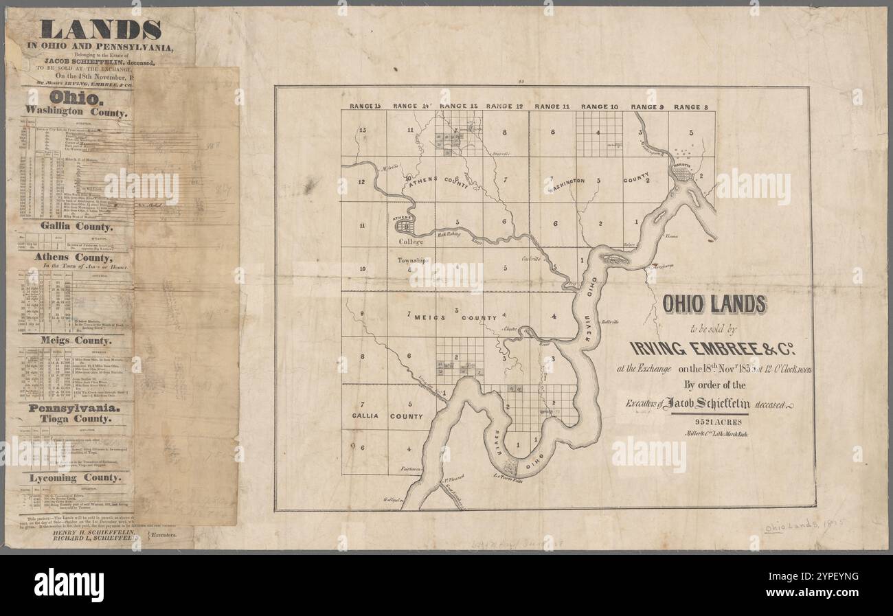 Ohio Lands sollen von Irving Embree & Co. Verkauft werden: An der Börse am 18. November. 1835 um 12 Uhr mittags : auf Befehl der Vollstrecker von Jacob Schieffelin, verstorben : 9521 Acres 1835 Stockfoto