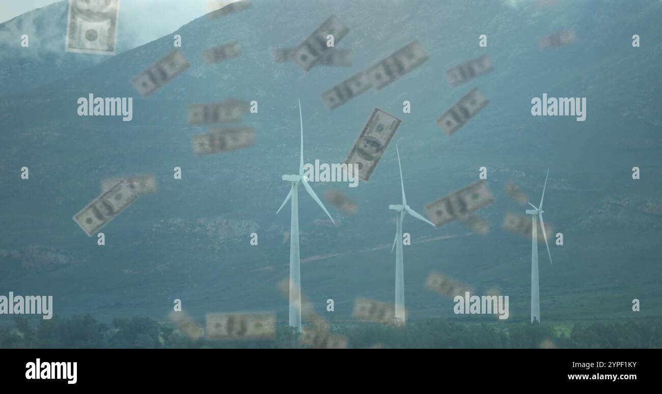 Windturbinen erzeugen Energie über sinkende Dollarscheine im Bild der bergigen Landschaft Stockfoto