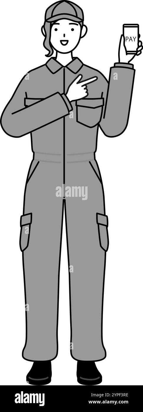 Eine Mechanikerin in Overalls, die bargeldlose Online-Zahlungen auf einem Smartphone empfiehlt, Vektor-Illustration Stock Vektor