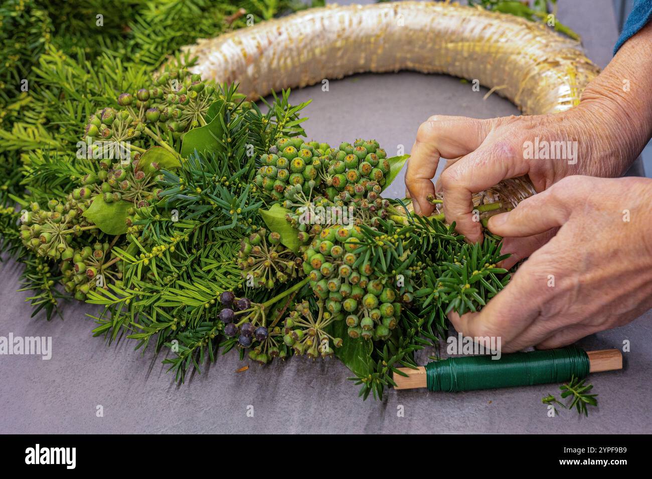 Mit den Händen wird frisches Grün gekonnt auf einer runden Basis angeordnet, wobei verschiedene natürliche Elemente zu einem wunderschön gefertigten Saisonkranz verarbeitet werden. Stockfoto