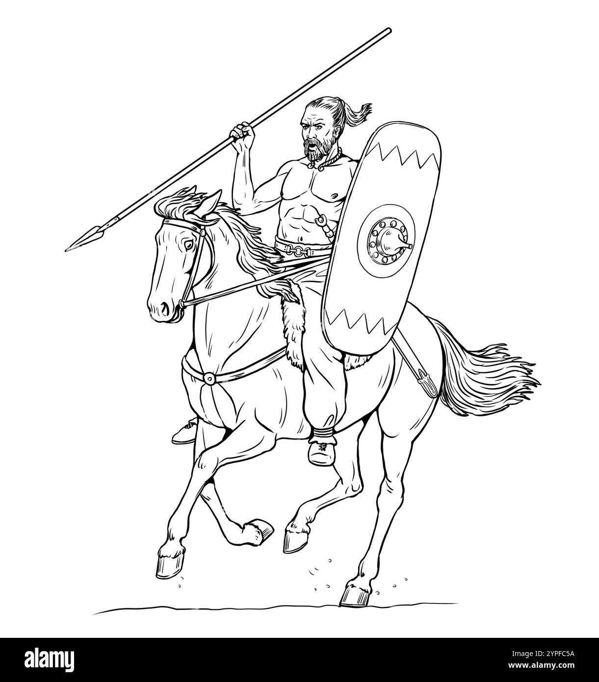 Keltischer Reiter beim Angriff. Historische Handzeichnung. Stockfoto