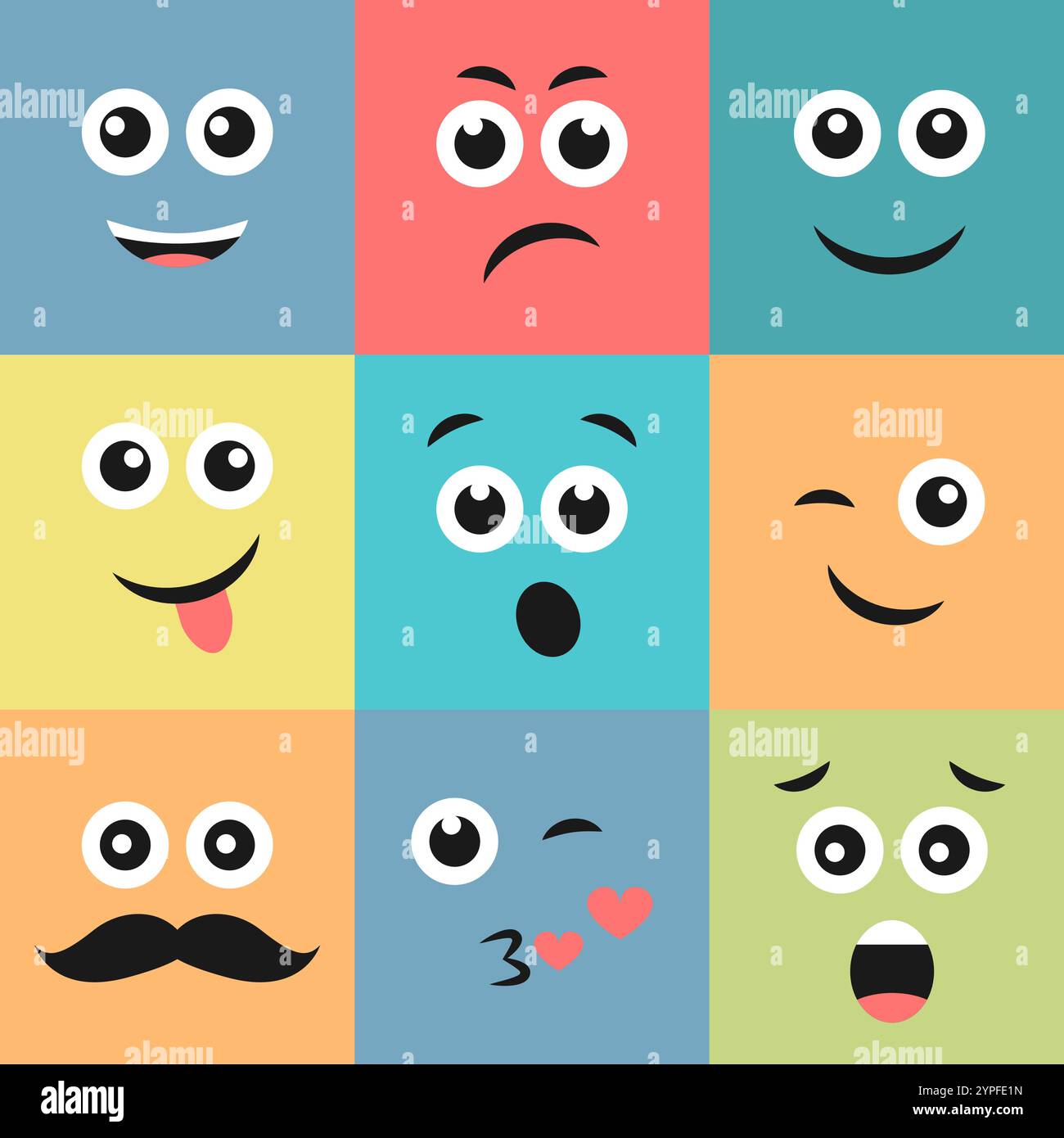 Set aus neun farbenfrohen Emoticons. Emoji-Symbol im Quadrat. Abgewickeltes Hintergrundmuster. Vektorabbildung Stock Vektor