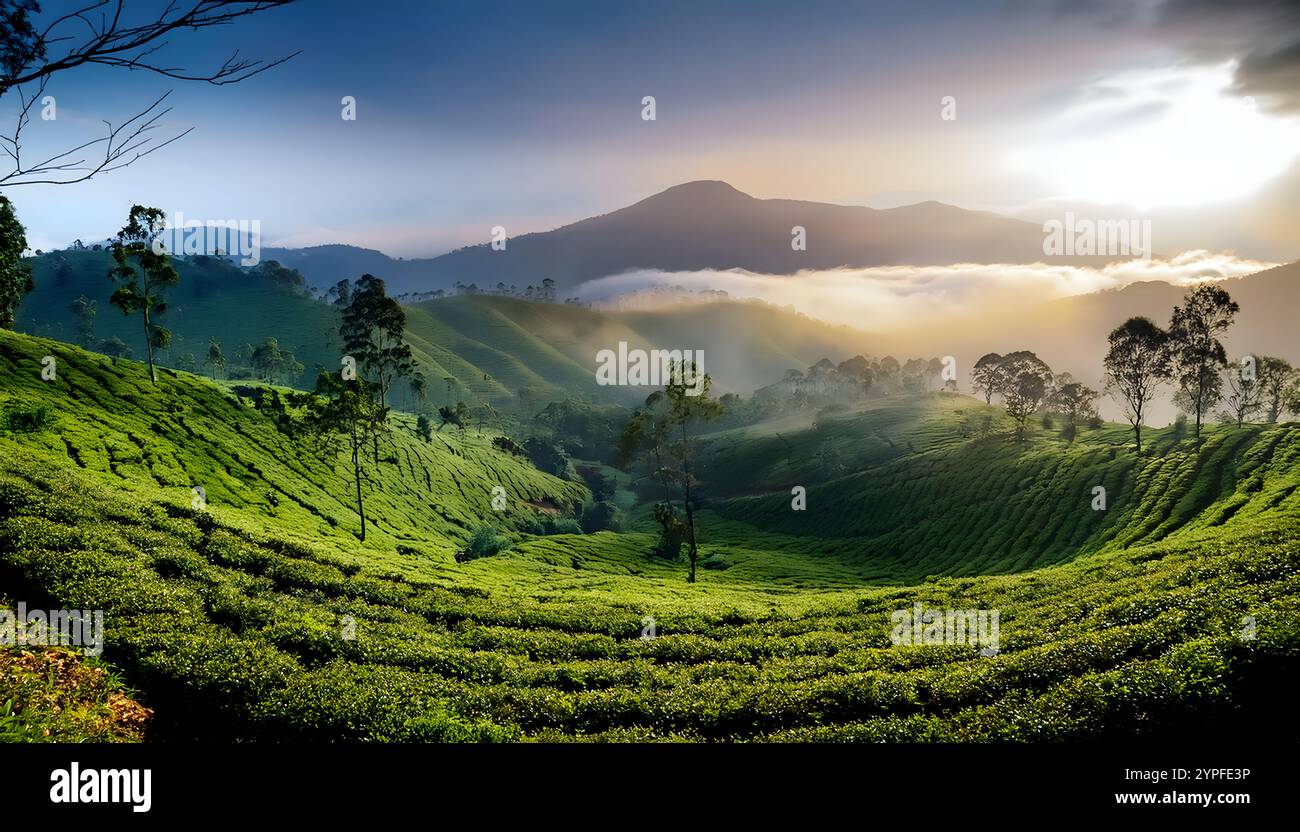 Teeplantage, nebeliger Nebel, früh am Morgen, üppig, nilgiri Hills, tamil nadu, malerische Aussicht, natürliche Landschaft, Bergstation, üppiges Grün, nebeliger Morgen, Stockfoto