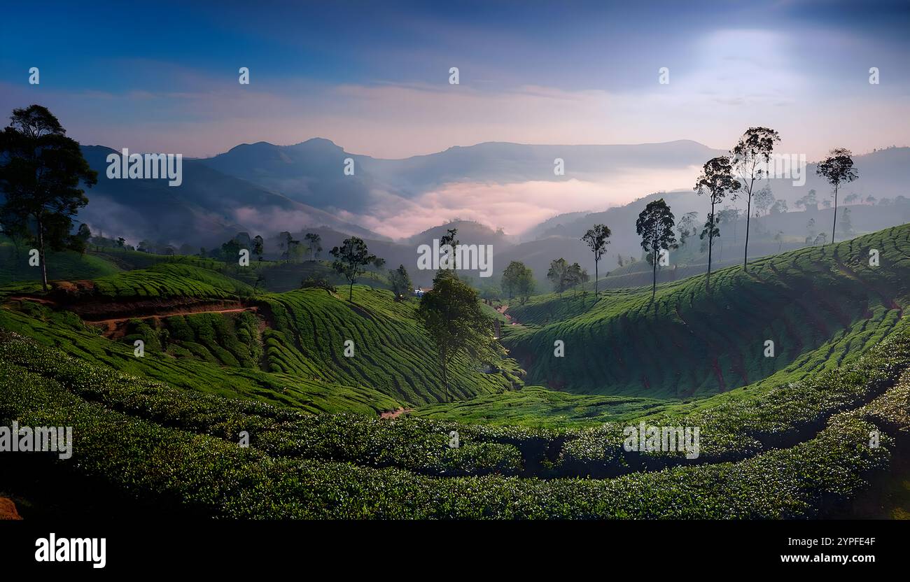 Teeplantage, nebeliger Nebel, früh am Morgen, üppig, nilgiri Hills, tamil nadu, malerische Aussicht, natürliche Landschaft, Bergstation, üppiges Grün, nebeliger Morgen, Stockfoto