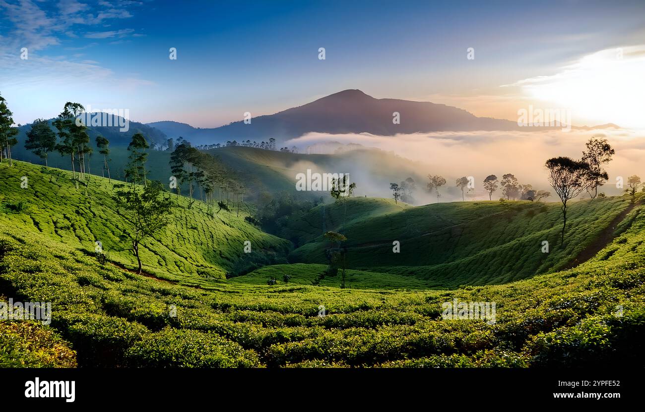 Teeplantage, nebeliger Nebel, früh am Morgen, üppig, nilgiri Hills, tamil nadu, malerische Aussicht, natürliche Landschaft, Bergstation, üppiges Grün, nebeliger Morgen, Stockfoto