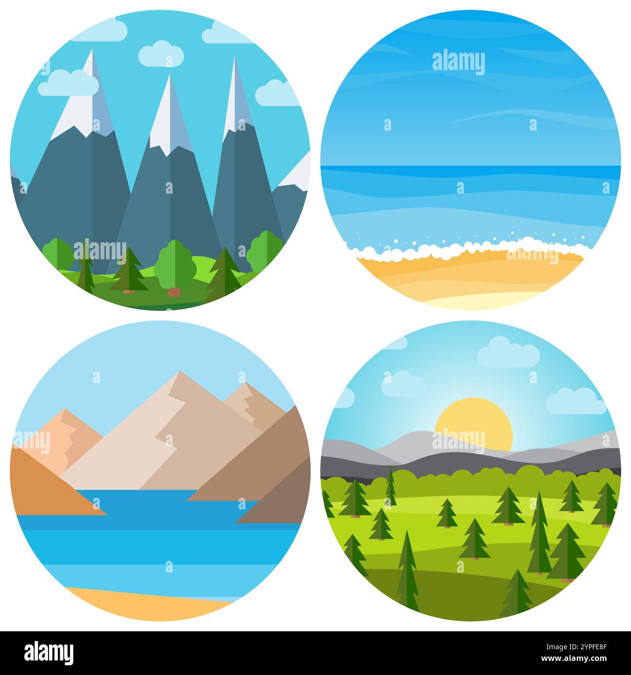 Set aus vier verschiedenen Vektor-Zeichentricklandschaften im Kreis. Natürliche Landschaft im flachen Stil. Stock Vektor