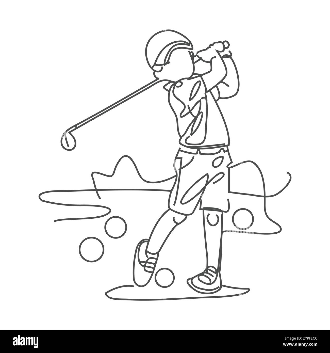 Schwarze Linie Illustration eines männlichen kaukasiers, der Golf spielt. Stock Vektor