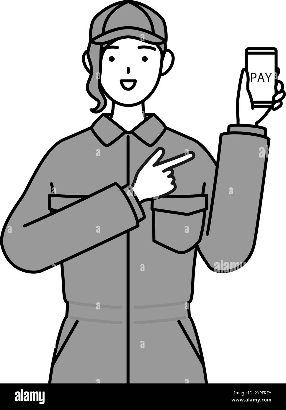 Eine Mechanikerin in Overalls, die bargeldlose Online-Zahlungen auf einem Smartphone empfiehlt, Vektor-Illustration Stock Vektor