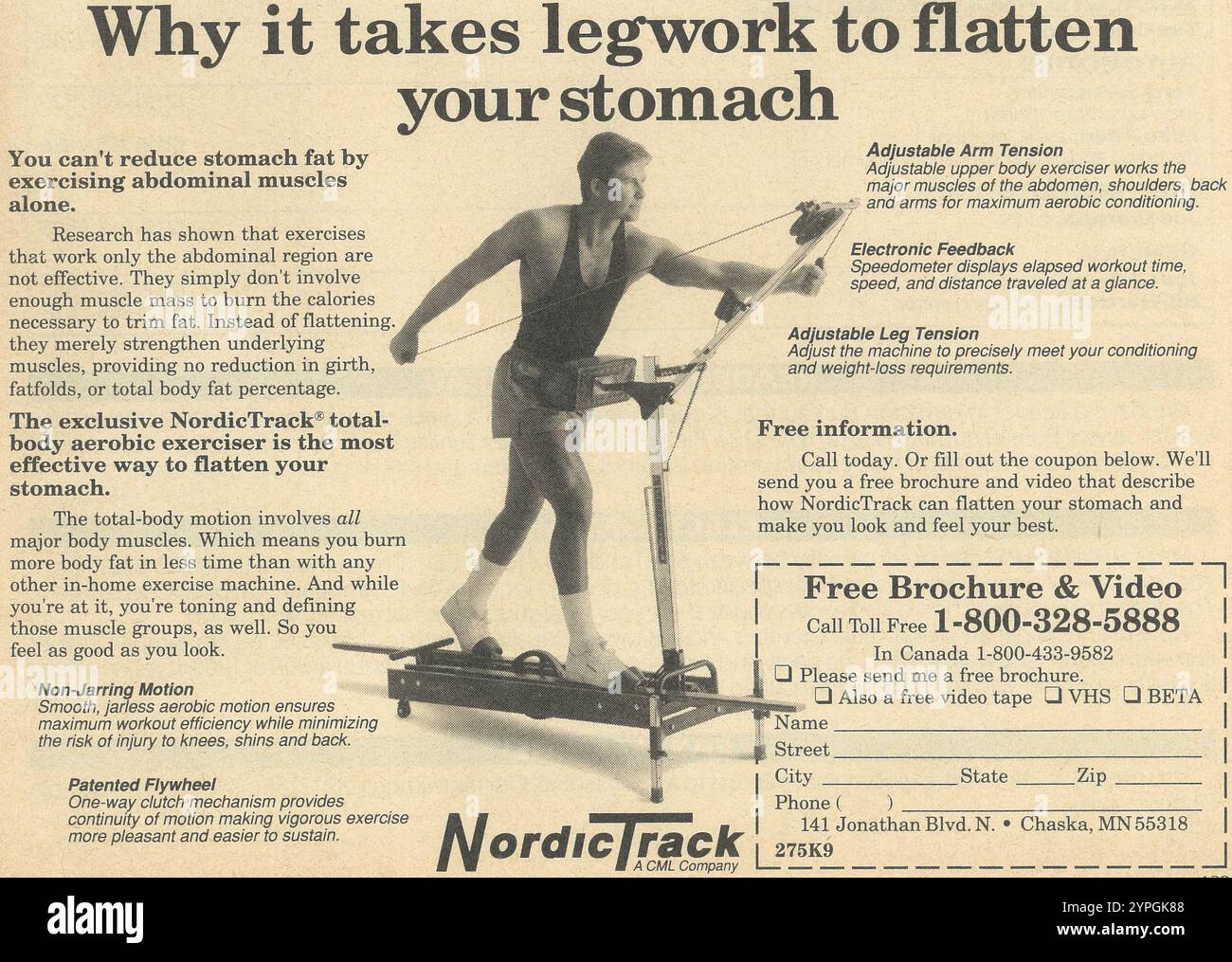 1989 CML NordicTrack Werbespot für Aerobic-Übungsgeräte – „flachen Sie Ihren Bauch“ Stockfoto