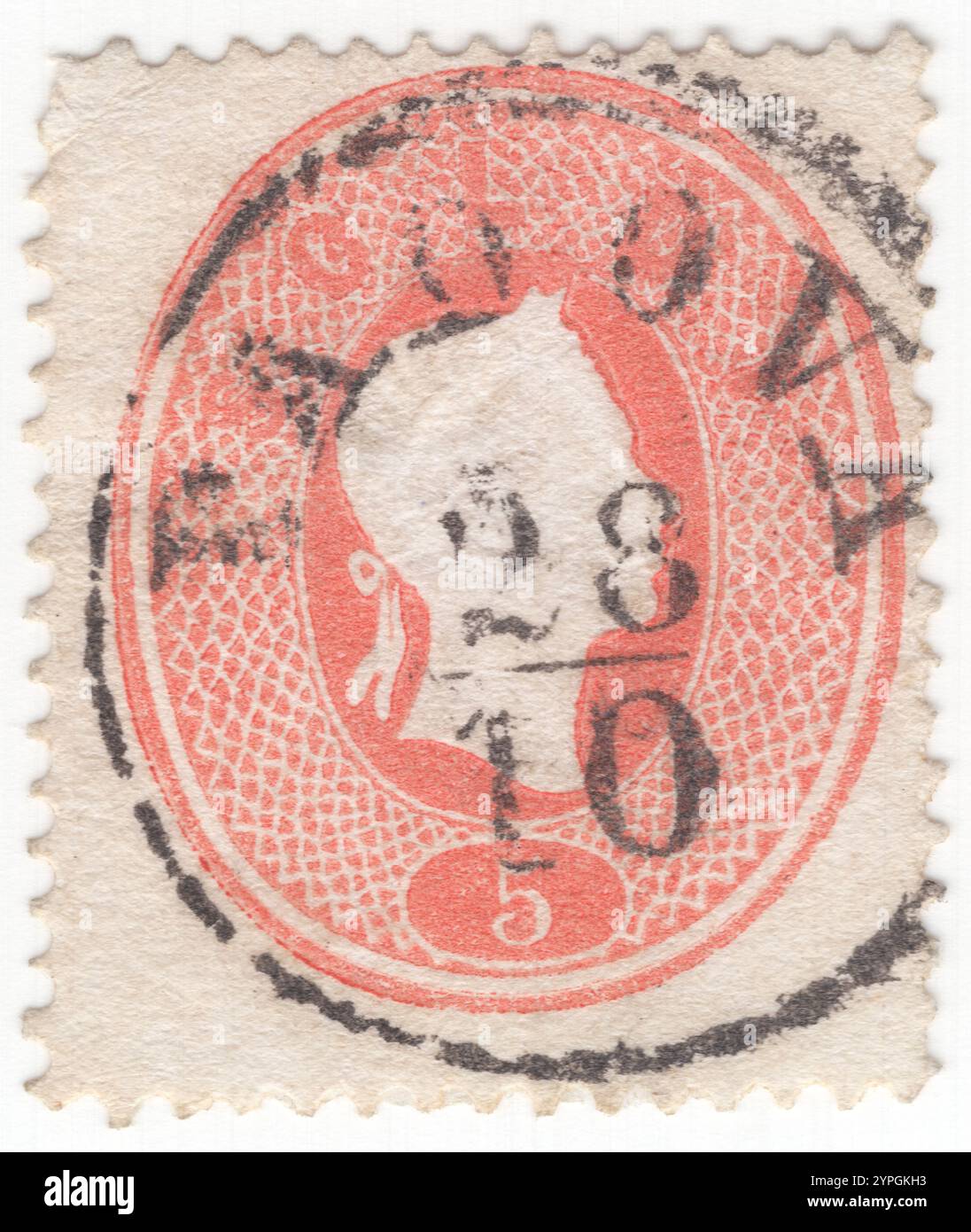 ÖSTERREICH-ITALIEN (Lombardei Venetien) – 18. Februar 1861: 5 soldi korallenrote Briefmarke mit geprägtem Porträt des österreichischen Monarchen Franz Josef, Kaiser von Österreich, König von Ungarn, und der anderen staaten der Habsburgermonarchie im ovalen Rahmen. Das Königreich Lombardei-Venetien (lombardo-venezianisches Königreich) war ein Königreich im Norden Italiens, das Teil des Österreichischen Reiches war. Mailand und Venedig waren die beiden wichtigsten Städte. Die Lombardei wurde 1859 an Sardinien annektiert und Venetien 1866 an das Königreich Italien Stockfoto