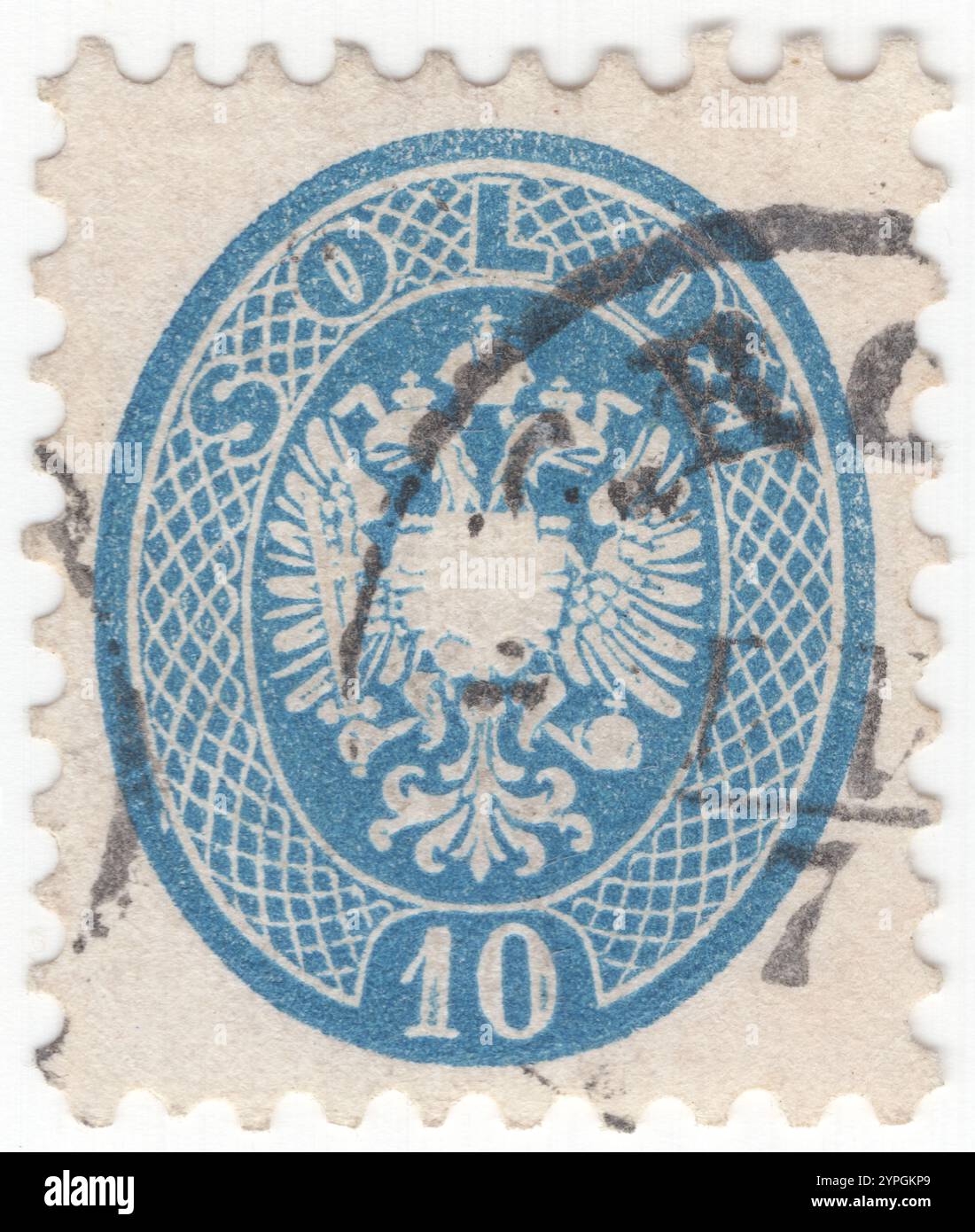 ÖSTERREICH-ITALIEN (Lombardei Venetien) – 17. April 1864: 10 Centesimo blaue Briefmarke mit dem Wappen der österreichischen Monarchie, Doppeladler von Habsburg-Lothringen im ovalen Rahmen. Der Doppeladler des Herrscherhauses Habsburg-Lothringen wurde von den gemeinsamen kaiserlichen und königlichen (k. u. k.) Institutionen Österreich-Ungarns oder der Doppelmonarchie verwendet. Das Königreich Lombardei-Venetien (lombardo-venezianisches Königreich) war ein Königreich im Norden Italiens, das Teil des Österreichischen Reiches war. Mailand und Venedig waren die beiden wichtigsten Städte. Die Lombardei wurde 1859 an Sardinien annektiert Stockfoto