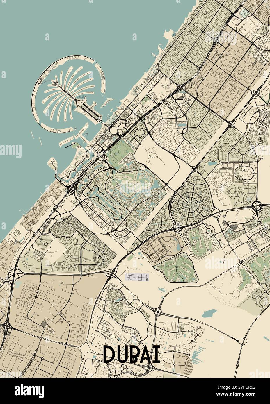 Diese detaillierte Karte zeigt die Stadt Dubai, Vereinigte Arabische Emirate, mit einem Schwerpunkt auf der Stadtplanung und den wichtigsten Sehenswürdigkeiten. Stock Vektor