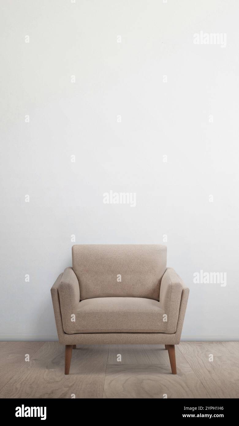 Minimalistischer Sessel in einem Raum mit einer sauberen weißen Wand, vertikaler Komposition, ideal für Werbetexte oder moderne Innenarchitektur Stockfoto