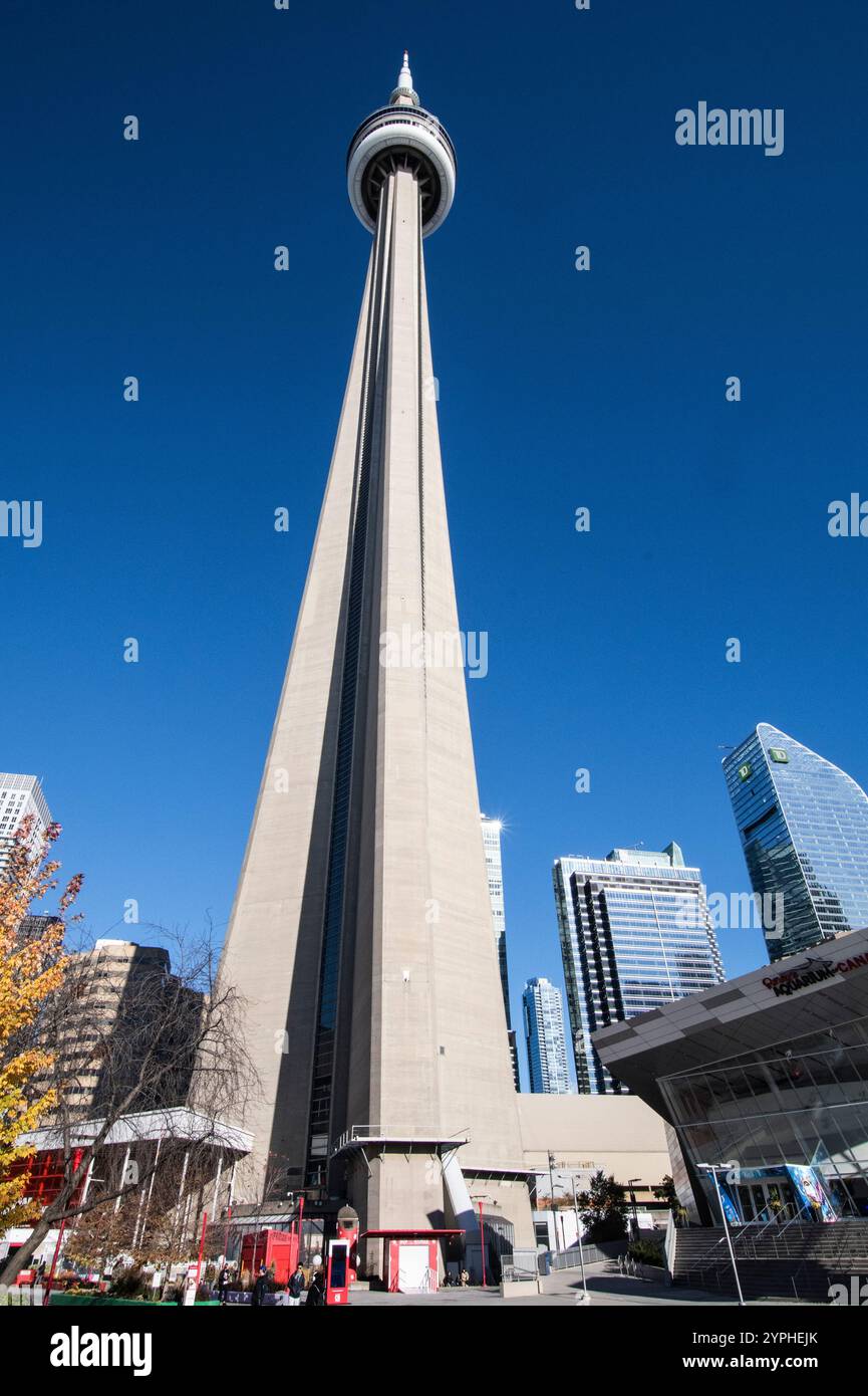 Blick auf den CN Tower am Bremner Boulevard in der Innenstadt von Toronto, Ontario, Kanada Stockfoto