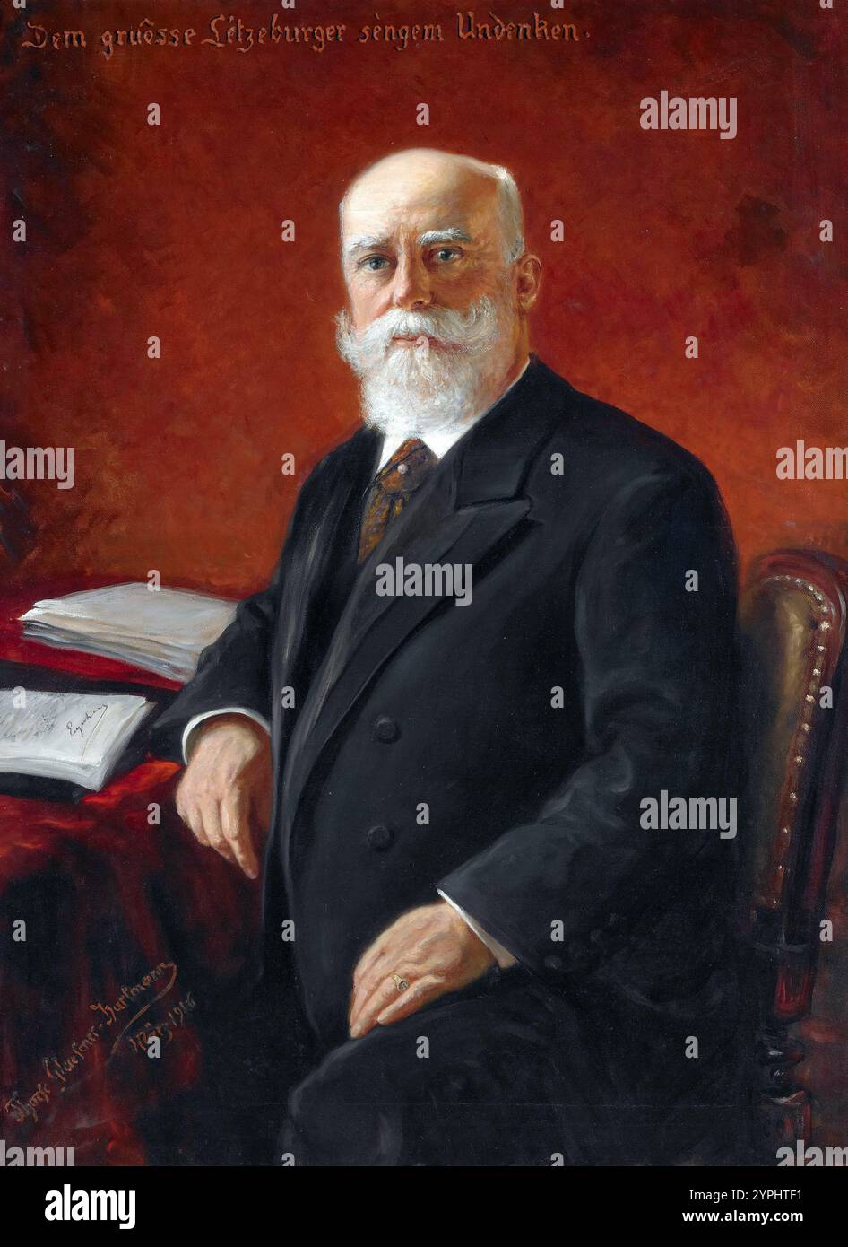 Paul Eyschen (* 9. September 1841 – 11. Oktober 1915) war ein luxemburgischer Politiker, Staatsmann, Rechtsanwalt und Diplomat. Er war der achte luxemburgische Premierminister und diente 27 Jahre lang vom 22. September 1888 bis zu seinem Tod am 11. Oktober 1915.Paul Eyschen, Portrait du Ministre d’Etat Paul Eyschen von Therese Glaesener-Hartmann – 1916 Stockfoto